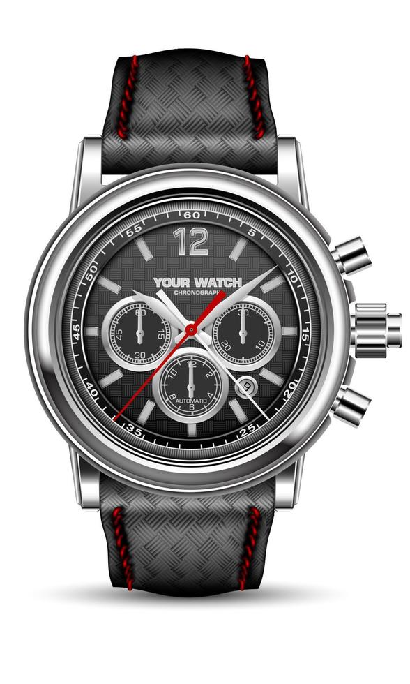 vecteur réaliste montre horloge chronographe argent visage noir flèche rouge avec bracelet en cuir tressé sur blanc design classique mode de luxe