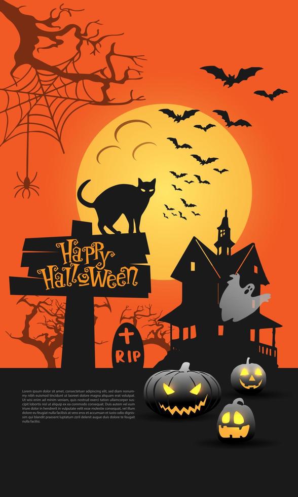 joyeux halloween tromper ou traiter affiche de fête de nuit lune jaune sur conception orange pour le vecteur de célébration du festival de vacances