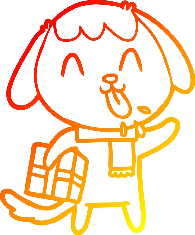 ligne de gradient chaud dessinant un chien de dessin animé mignon avec un cadeau de noël vecteur