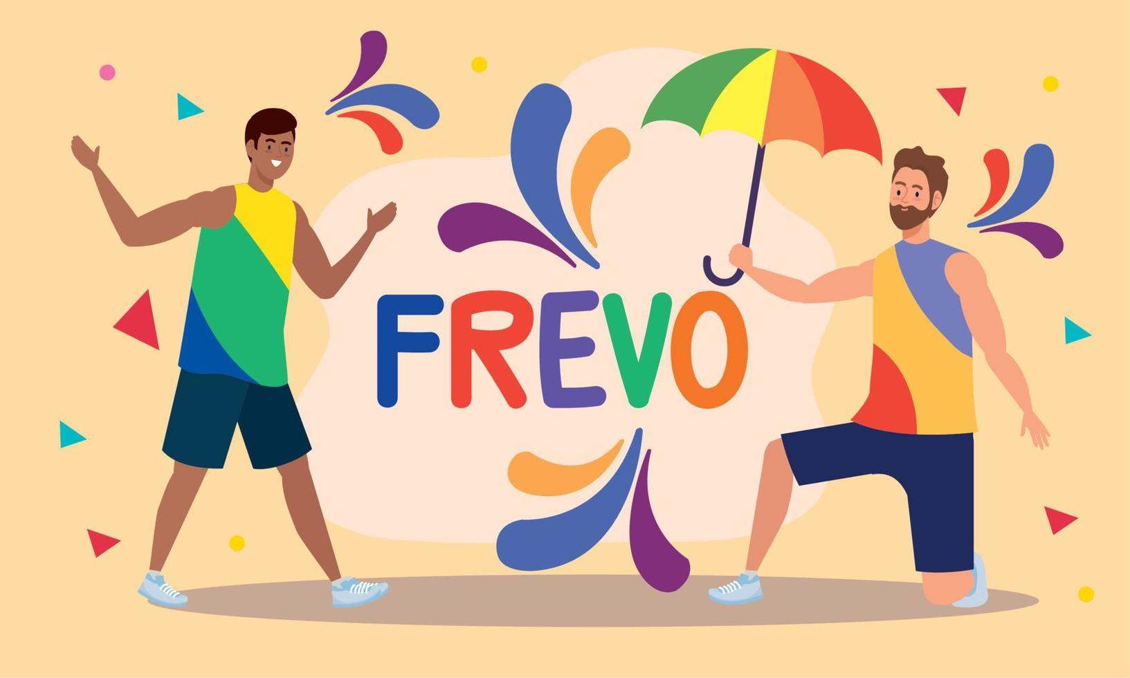 lettrage de célébration de frevo avec des danseurs masculins vecteur