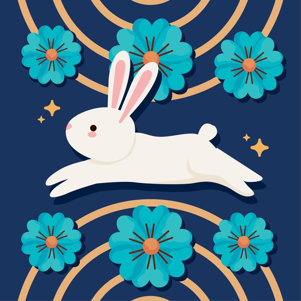 lapin du festival de la lune chinois avec des fleurs vecteur