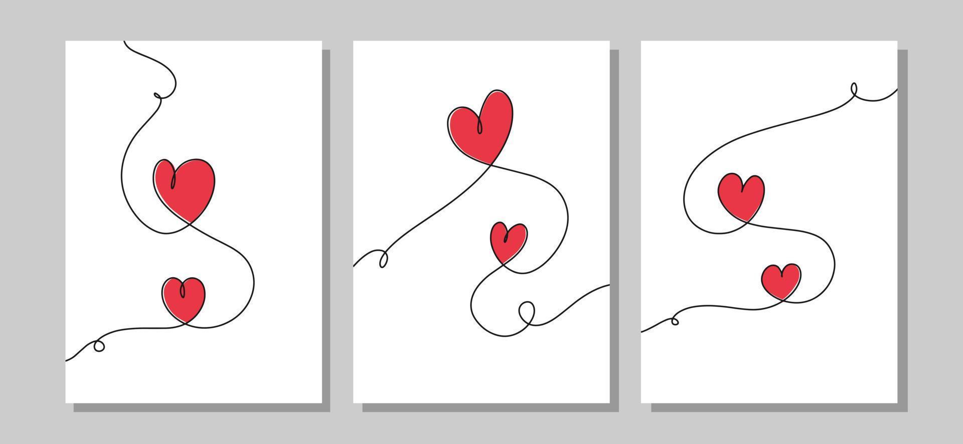 ensemble d'affiches avec des coeurs dans un style d'art en ligne. dessin continu d'une ligne de coeurs rouges sur fond blanc. fine ligne de carte d'amour vecteur