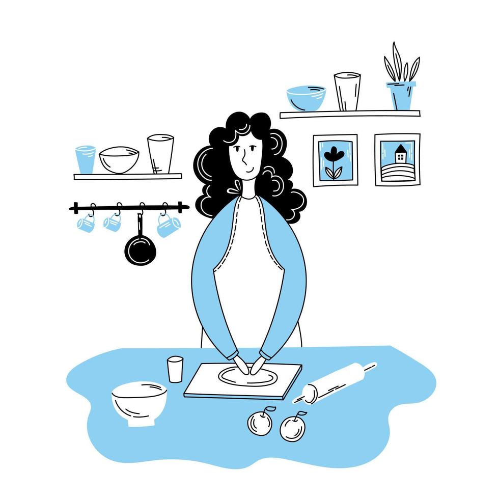 la fille cuisine dans la cuisine. intérieur de cuisine. vecteur de dessin animé plat doodle.