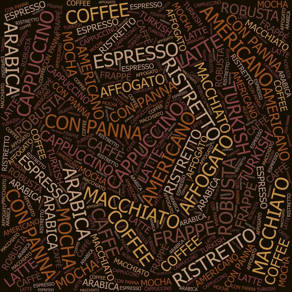 types de modèle de café, expresso, cappuccino, macchiato, nuage de mots concept de texte en nuage de tags. vecteur