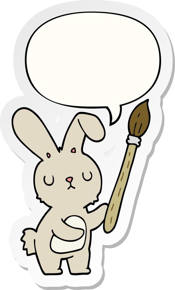 lapin de dessin animé et pinceau et autocollant de bulle de dialogue vecteur