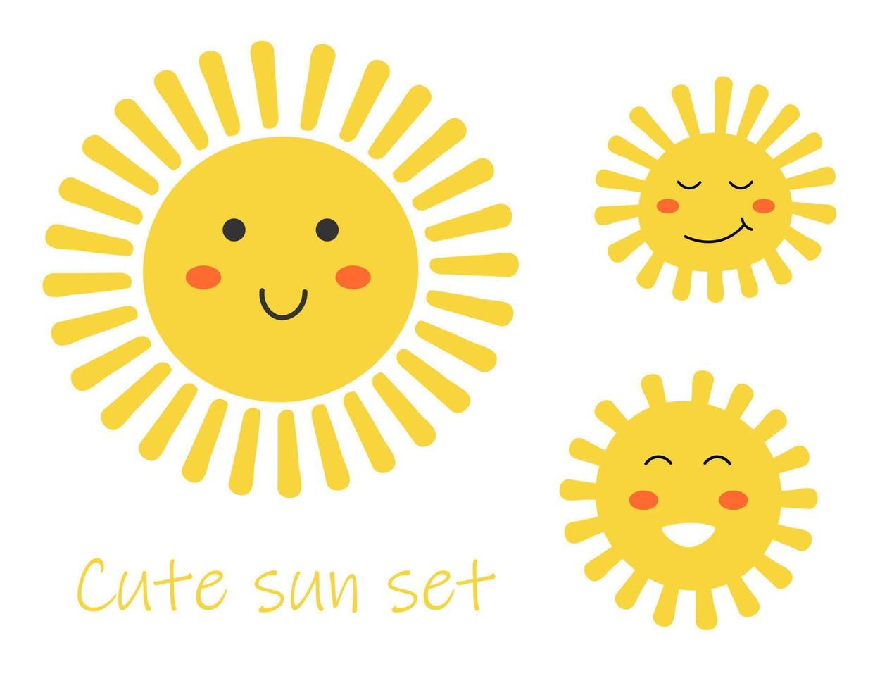 joli personnage de soleil de dessin animé avec un visage kawaii. mascotte jaune doodle simple isolée sur fond blanc. jeu d'icônes plat dessiné à la main. vecteur