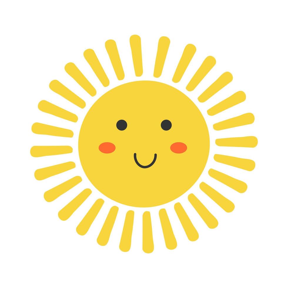 joli personnage de soleil de dessin animé avec un visage kawaii. mascotte jaune doodle simple isolée sur fond blanc. icône plate dessinée à la main. vecteur