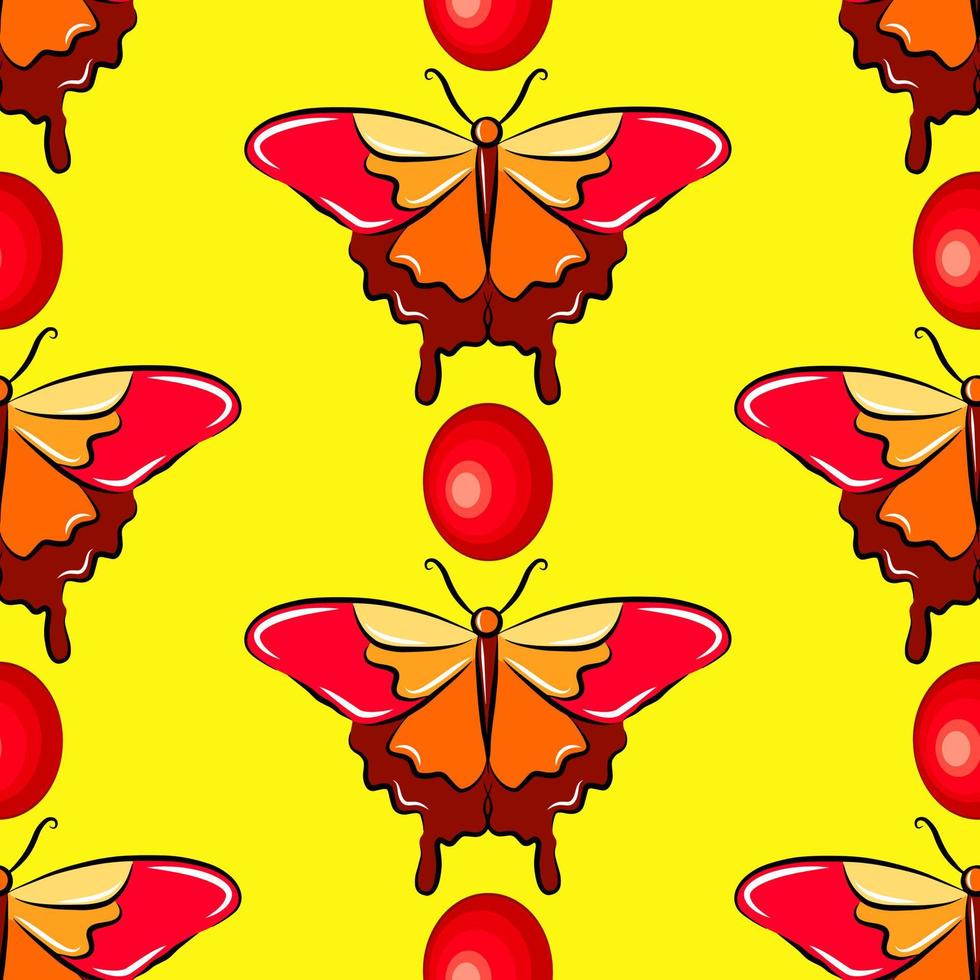 dessin animé papillon jaune et rouge motif coloré sans couture. modèle d'impression de tissu vectoriel naturel. bel insecte, papier peint ailes déployées.