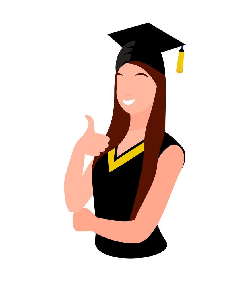 personnage de fille diplômée, étudiante vectorielle en robe noire et casquette, concept d'enseignement universitaire, tenue de cérémonie de remise des diplômes, personne joyeuse et heureuse isolée sur fond blanc. vecteur