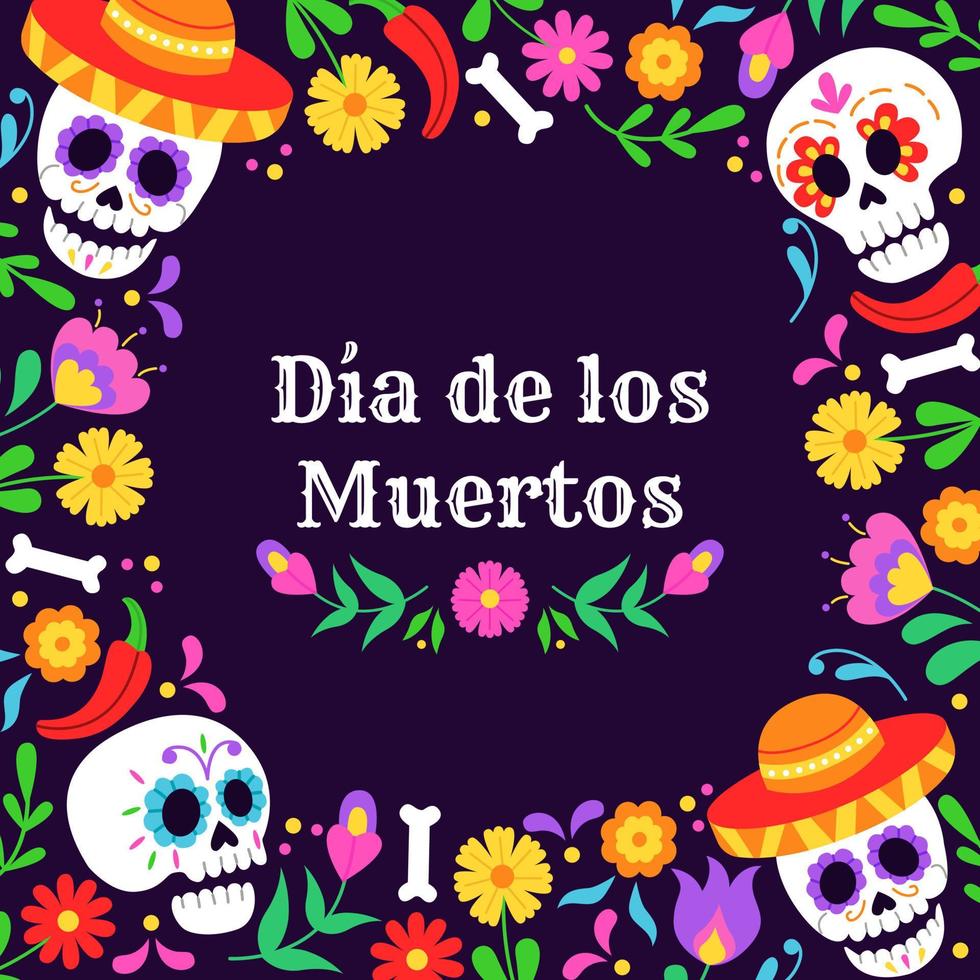 jour de la conception du cadre de célébration du carnaval mexicain mort avec des crânes et des ornements floraux. bordure de fleurs de vacances dia de muertos. illustration vectorielle. vecteur