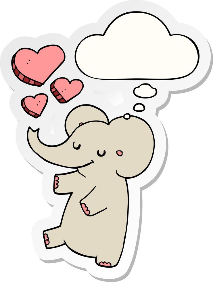 éléphant de dessin animé avec des coeurs d'amour et une bulle de pensée sous forme d'autocollant imprimé vecteur