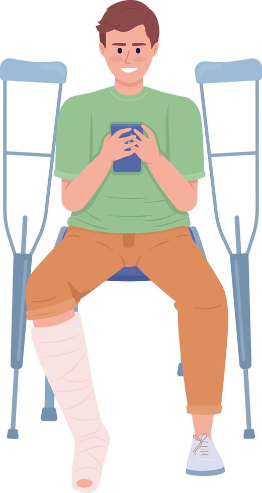 homme avec une jambe cassée regardant le caractère vectoriel de couleur semi-plat du téléphone. figure modifiable. personne de tout le corps sur blanc. illustration de style dessin animé simple de traumatologie pour la conception graphique et l'animation web