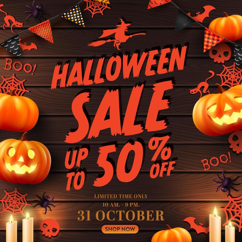 vecteur d'affiche ou de bannière de promotion de vente d'halloween avec citrouille d'halloween, fantôme, chandelle, bruants et éléments d'halloween.site Web effrayant, arrière-plan ou modèle d'halloween de bannière.