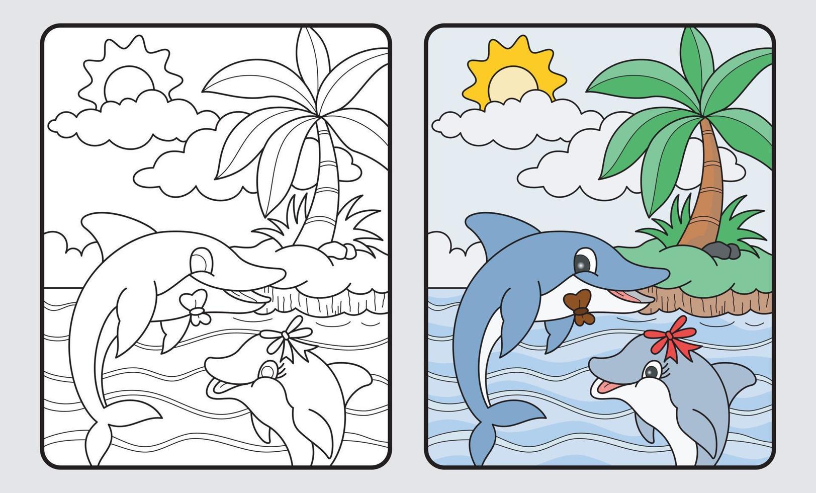 livre de coloriage sur l'éducation des dauphins et de la plage pour les enfants et l'école primaire, illustration vectorielle. vecteur