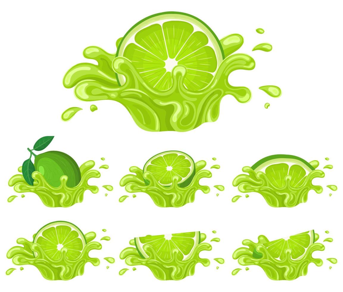 ensemble d'éclaboussures de jus de citron vert frais et brillant isolé sur fond blanc. jus de fruits d'été. style bande dessinée. illustration vectorielle pour toute conception. vecteur