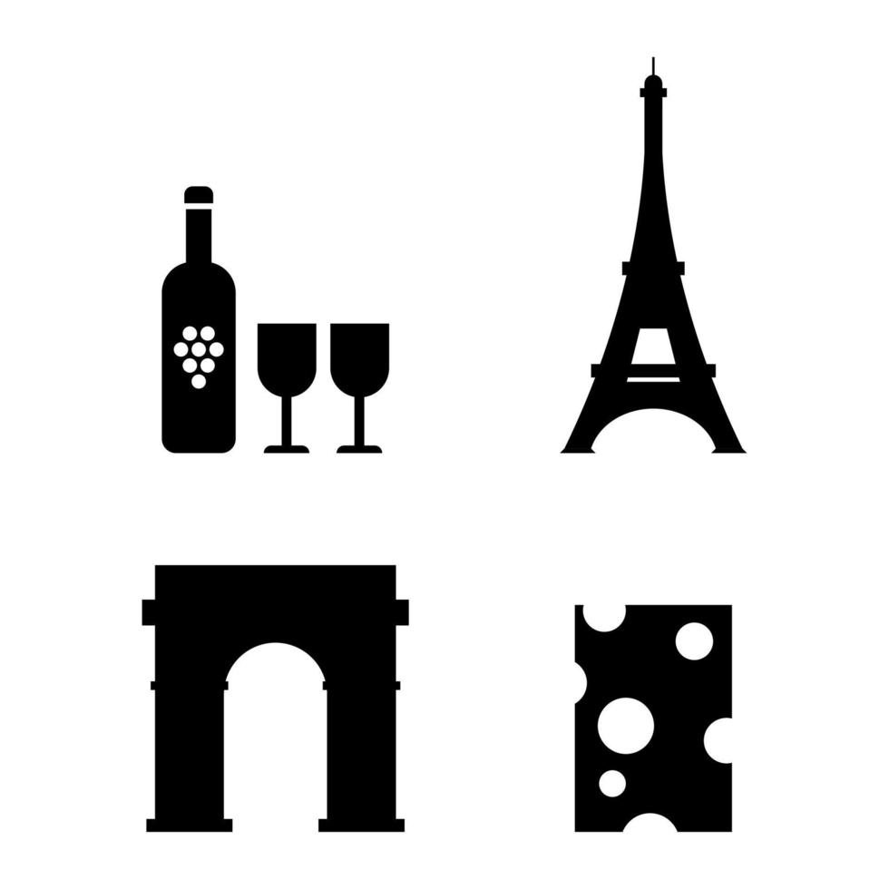 jeu d'icônes français. vin, tour eiffel, arc de triomphe, fromage. illustration vectorielle. vecteur