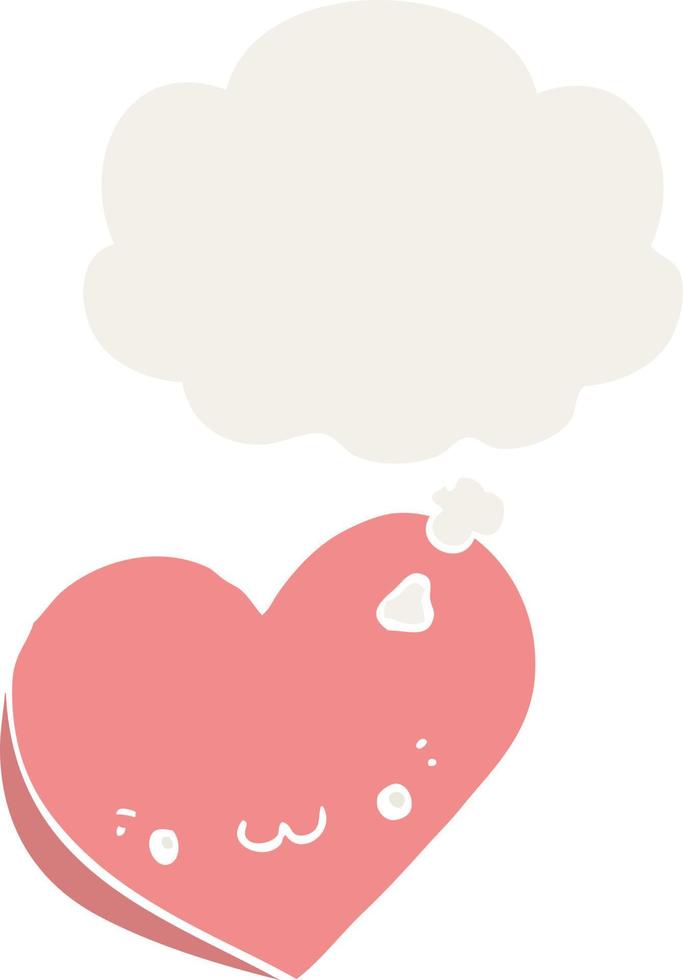 dessin animé coeur d'amour avec visage et bulle de pensée dans un style rétro vecteur