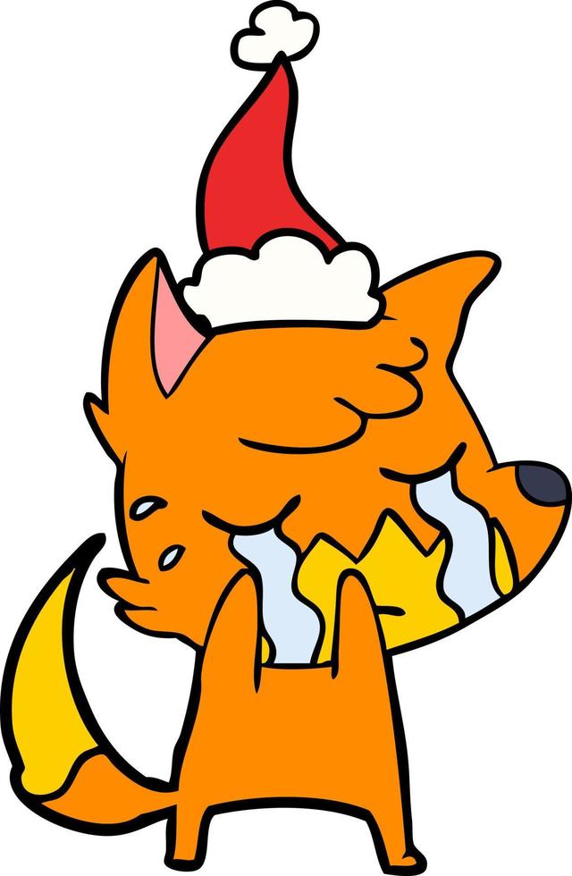 dessin au trait de renard qui pleure d'un bonnet de noel vecteur