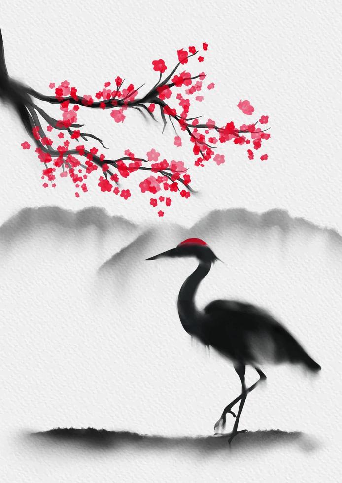 art mural traditionnel japonais peint à la main avec sakura et héron vecteur
