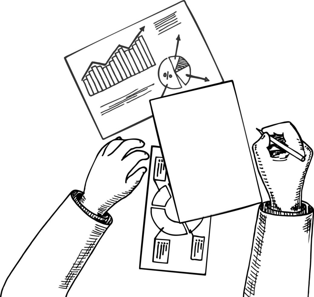 vue de dessus analyste d'affaires ou auditeur travaillant sur des documents papier de données statistiques vecteur