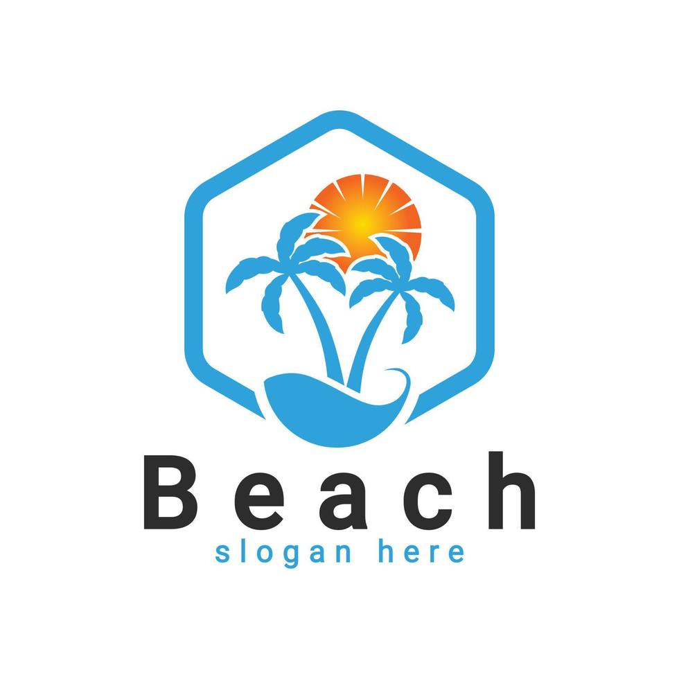 logo de plage, logo de coucher de soleil sur la plage, modèle de logo d'été palmier ou cocotier vecteur