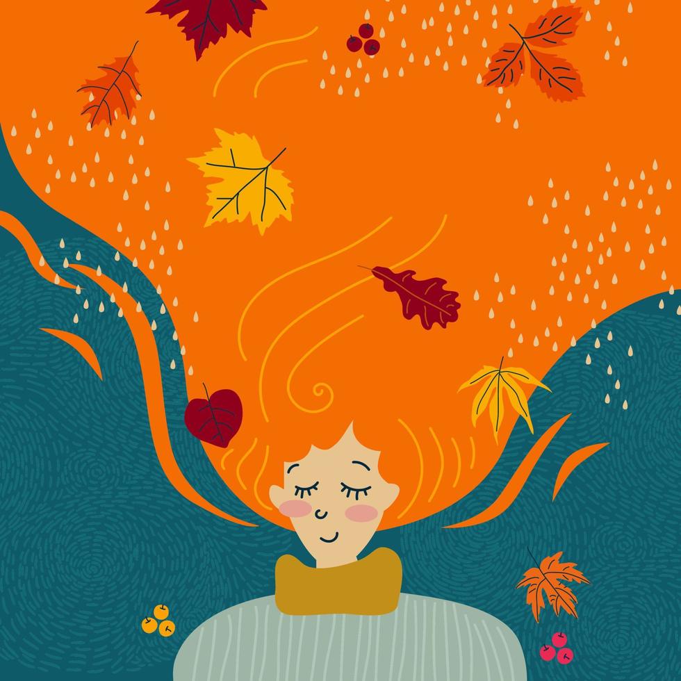 fille d'automne avec des feuilles dans les cheveux, rêver et hygge. illustration vectorielle de style doodle vecteur