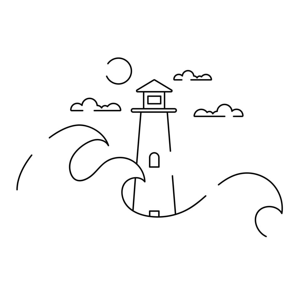 icône de phare en mer orageuse avec soleil et nuages dans le ciel pour les conceptions Web et les sites. vecteur