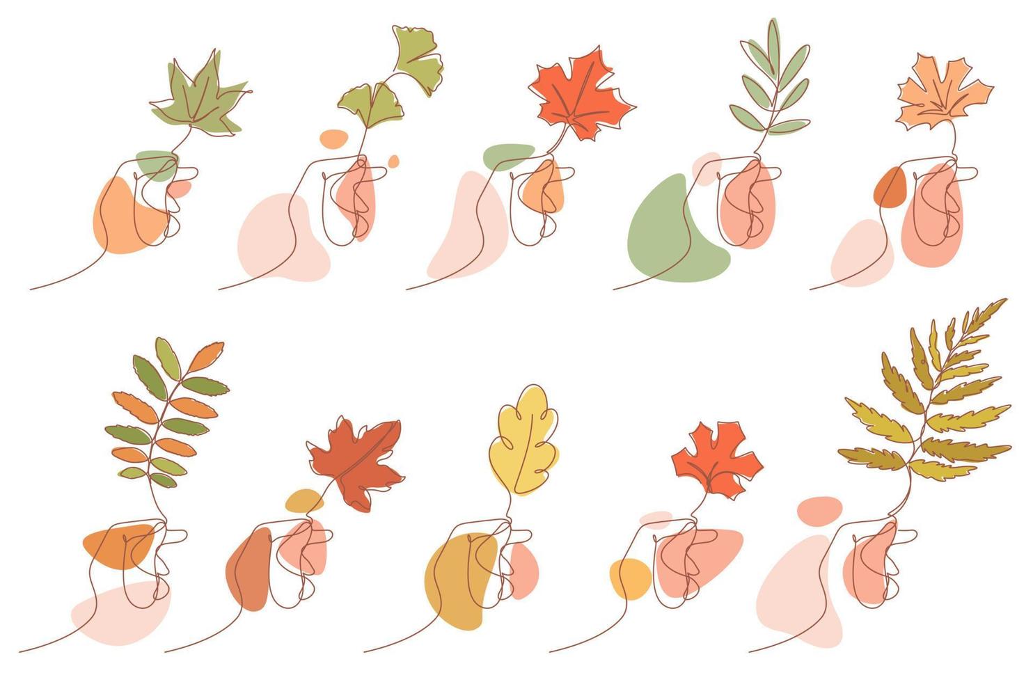 dessin au trait continu d'une main tenant des feuilles d'automne vecteur
