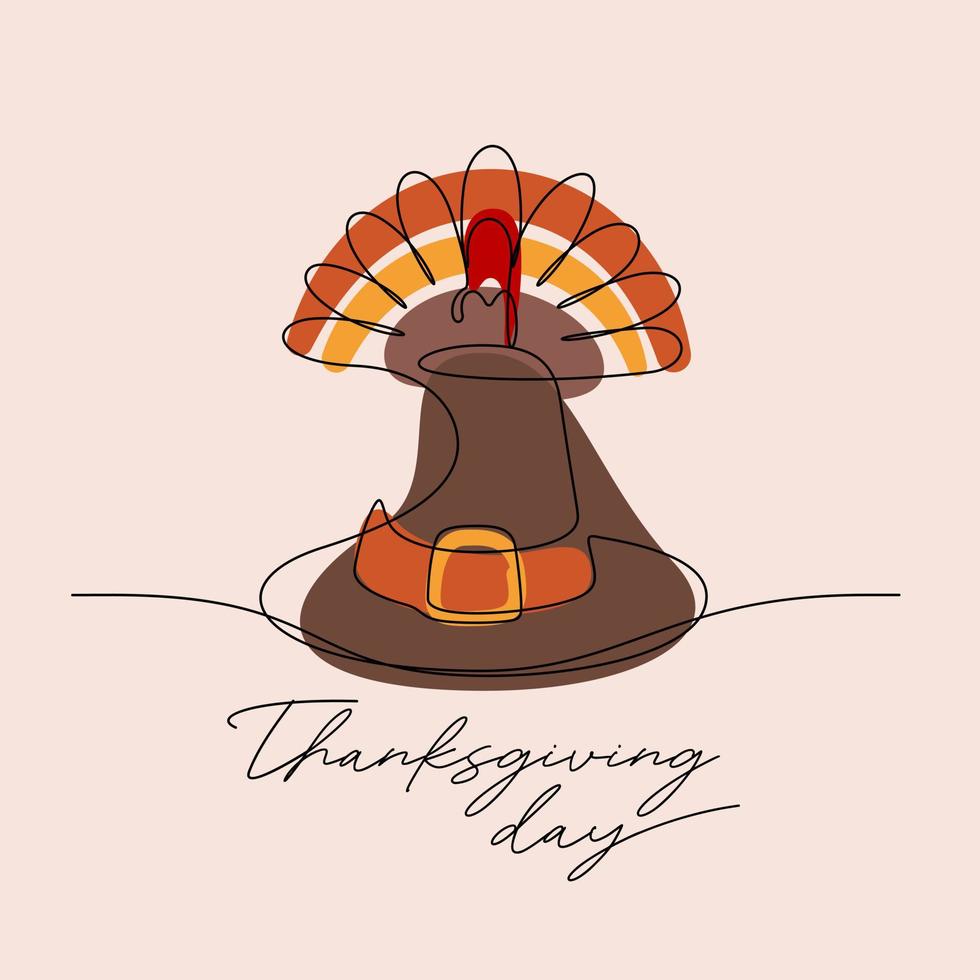 le dessin au trait coloré continu de la dinde et du chapeau de pèlerin célèbre le jour de thanksgiving vecteur