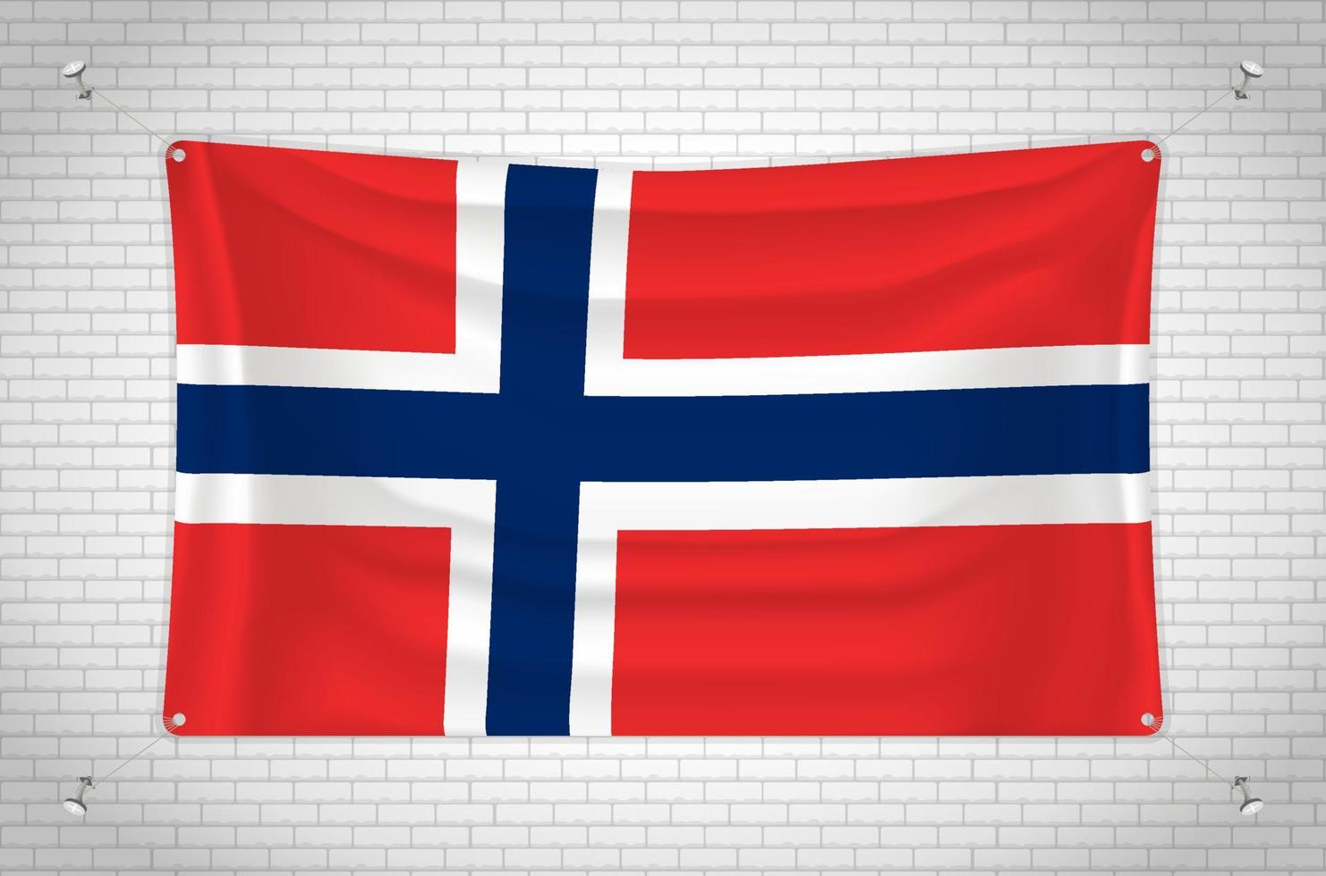 drapeau norvège accroché au mur de briques. dessin 3d. drapeau accroché au mur. dessiner soigneusement en groupes sur des calques séparés pour une édition facile. vecteur