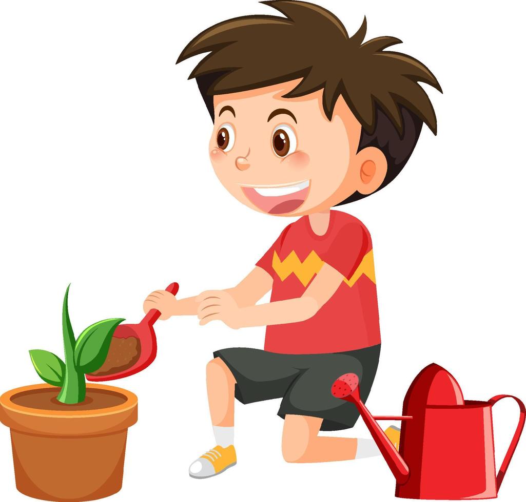 un garçon plantant dans un pot en argile vecteur