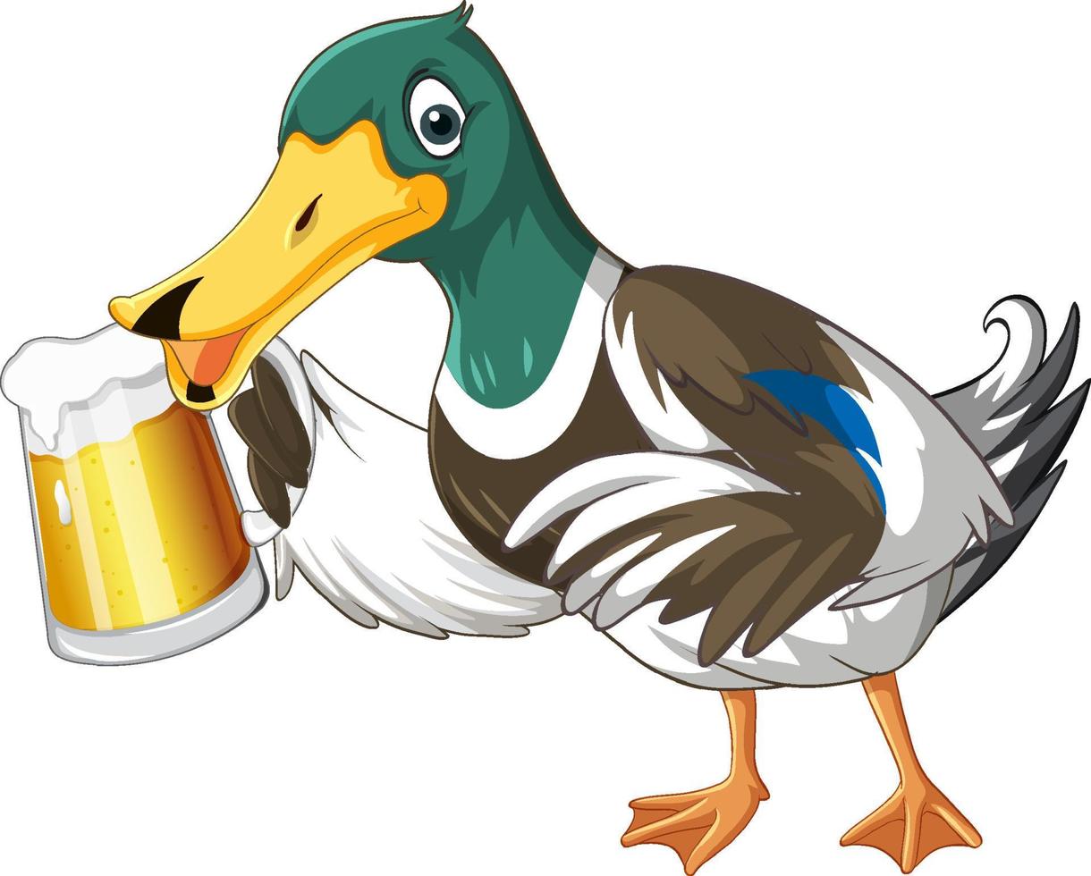 personnage de dessin animé mignon de canard tenant une chope de bière vecteur