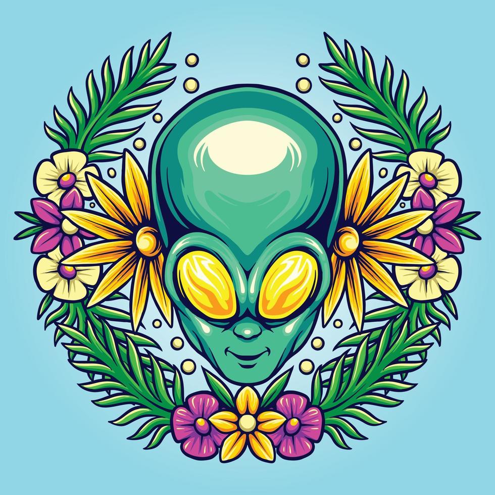 illustrations vectorielles de tête extraterrestre florale d'été botanique pour votre logo de travail, t-shirt de marchandise de mascotte, autocollants et conceptions d'étiquettes, affiche, cartes de voeux publicité entreprise ou marques. vecteur