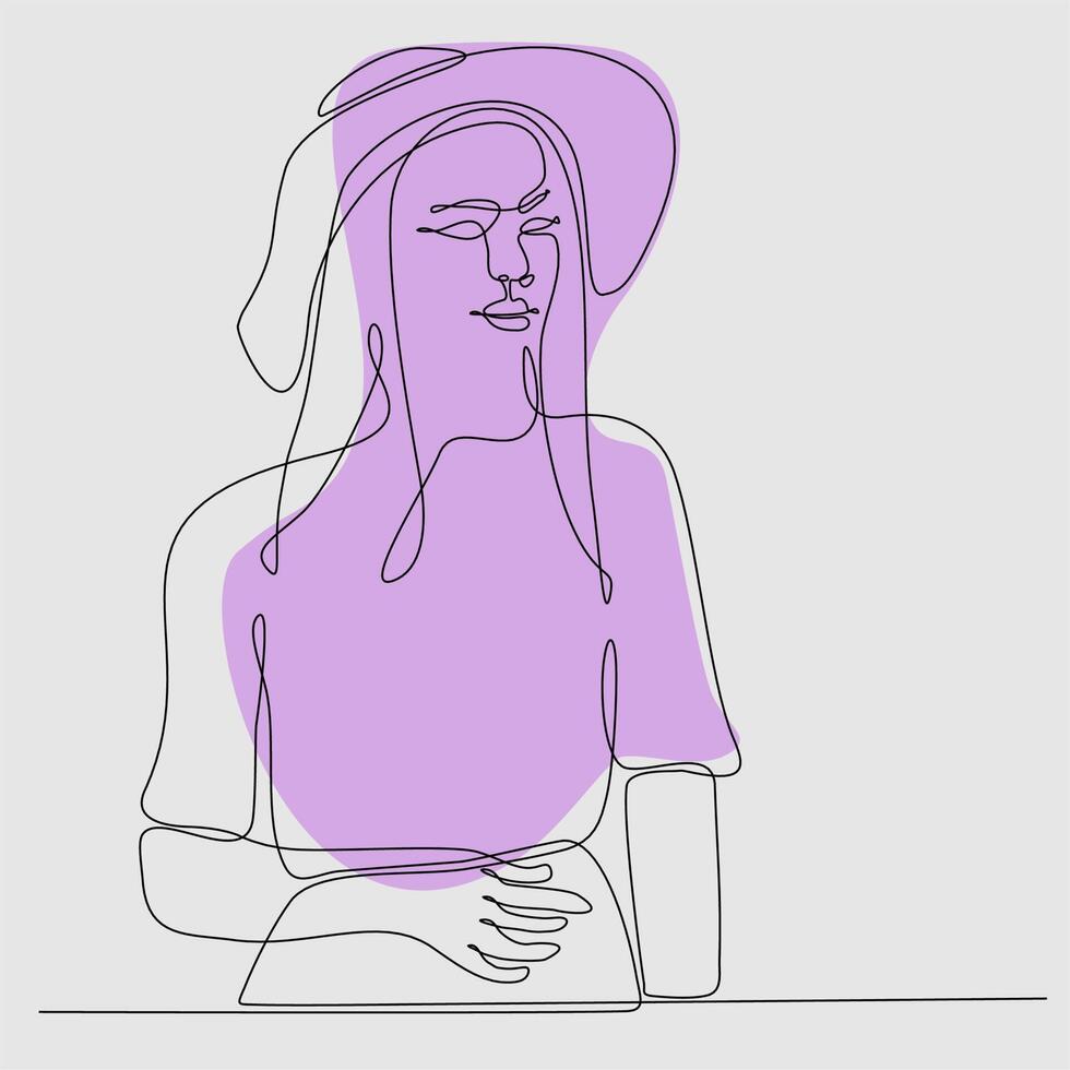 un portrait en ligne continue d'une jeune femme portant un chapeau, une casquette, une casquette de baseball. dessin au trait dessiné à la main unique doodle ligne isolée illustration minimale personnage de dessin animé plat vecteur