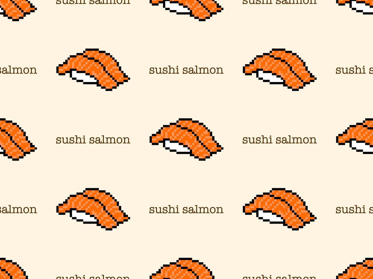 modèle sans couture de personnage de dessin animé de saumon sushi sur fond jaune. style de pixels vecteur