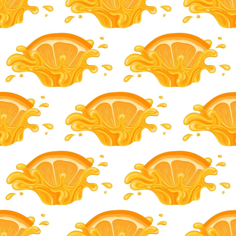 modèle sans couture avec éclaboussures de jus d'orange vif frais, de mandarine ou de tagine isolé sur fond blanc. jus de fruits d'été. style bande dessinée. illustration vectorielle pour toute conception. vecteur