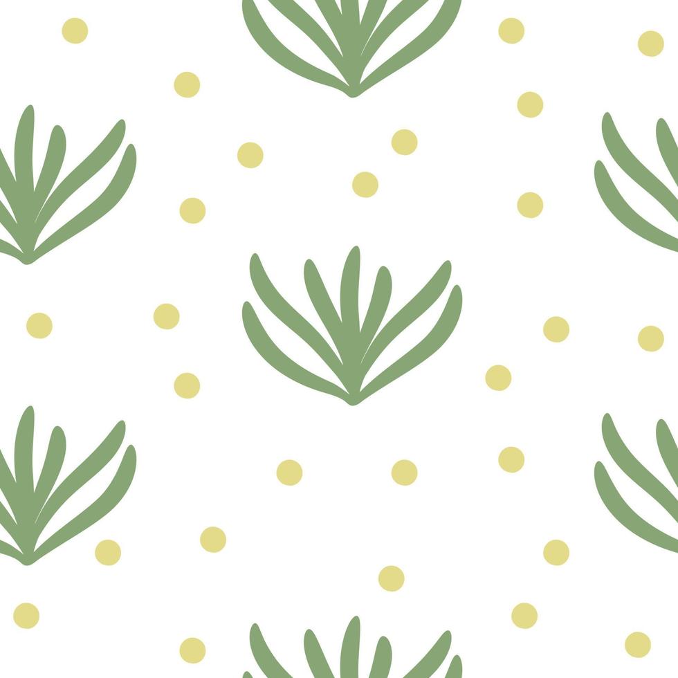 texture transparente abstraite de vecteur sur fond blanc. illustration tendance simple et plate dessinée à la main avec des feuilles vertes et des points jaunes. motif répétitif de style scandinave.