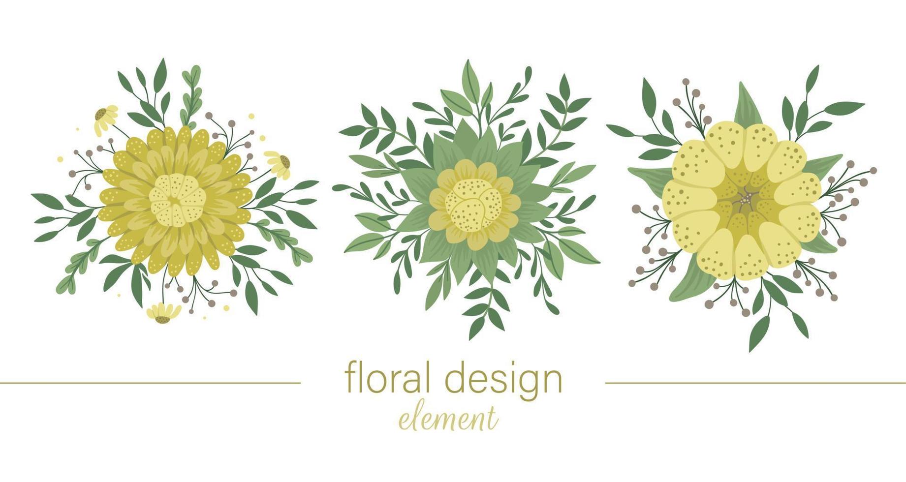 ensemble d'éléments décoratifs ronds jaunes floraux vectoriels. illustration à la mode plate avec des fleurs, des feuilles, des branches. prairie, forêt, collection d'art clip forêt. beau bouquet de jardin de printemps ou d'été vecteur