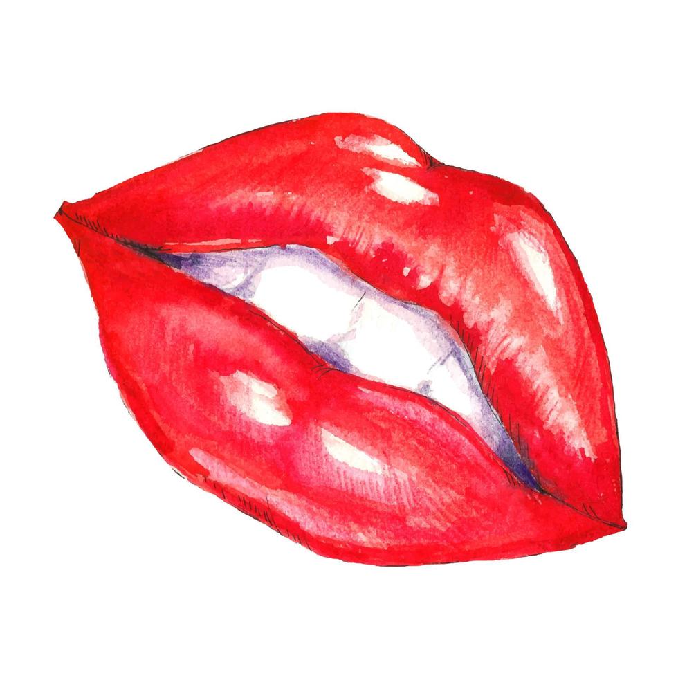 lèvres rouges aquarelles. illustration de mode vectorielle peinte à la main. embrasser les lèvres. vecteur