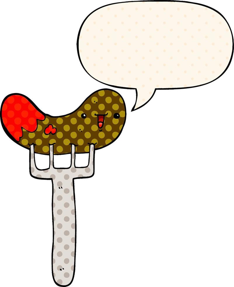 saucisse de dessin animé et fourchette et bulle de dialogue dans le style de la bande dessinée vecteur