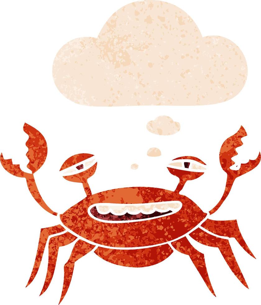 crabe de dessin animé et bulle de pensée dans un style texturé rétro vecteur