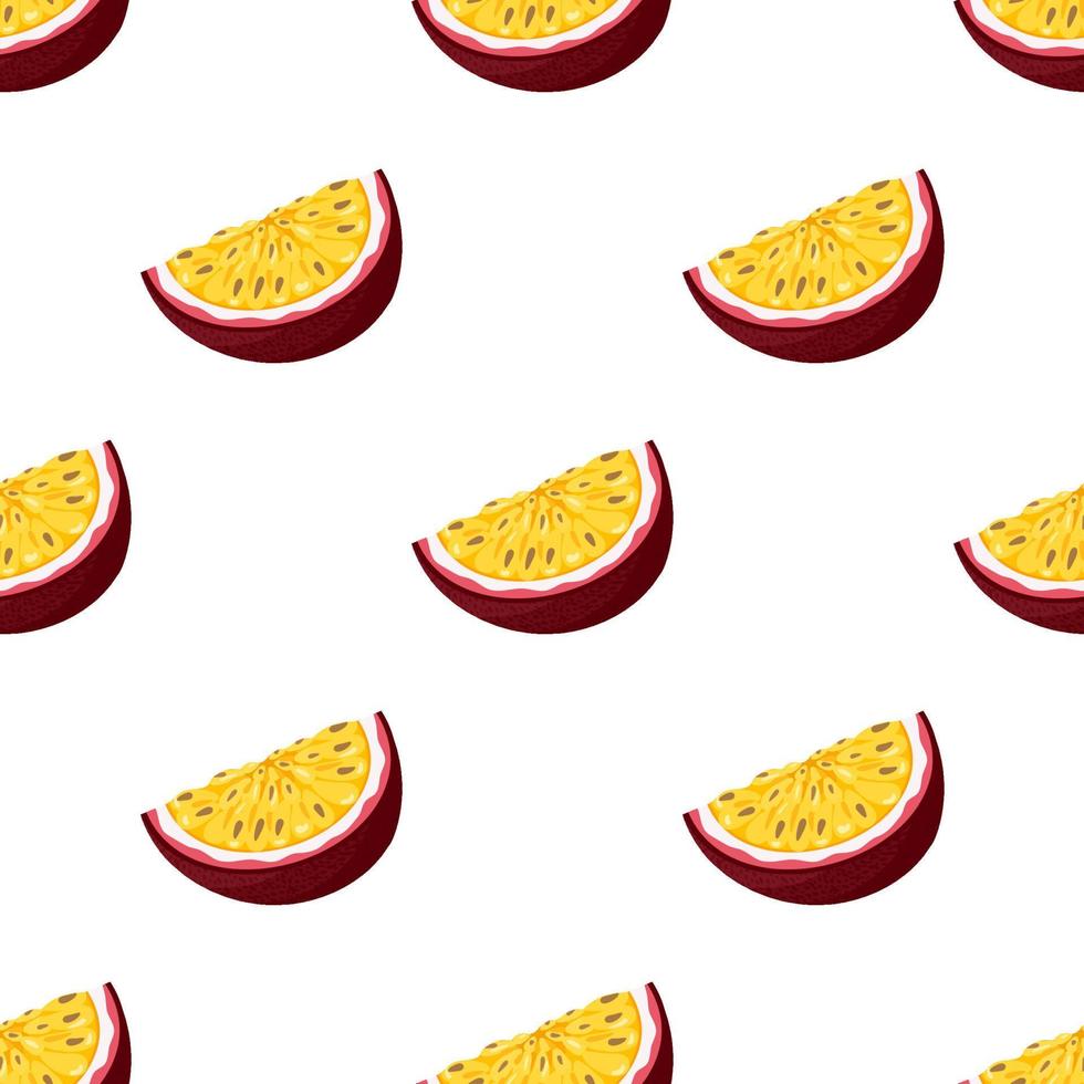 modèle sans couture avec des fruits de la passion coupés exotiques brillants frais sur fond blanc. fruits d'été pour un mode de vie sain. fruits bio. style bande dessinée. illustration vectorielle pour toute conception. vecteur