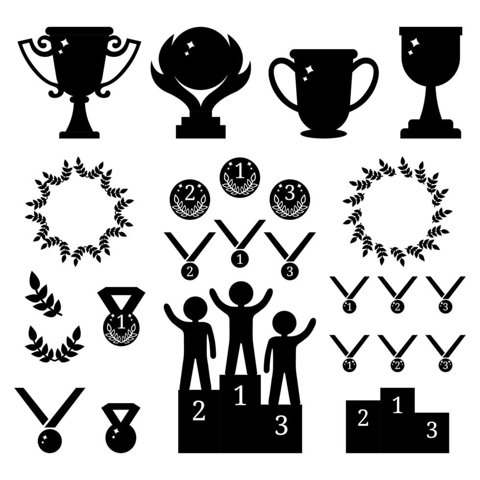 collection vectorielle de récompenses sportives. silhouettes noires de trophées, médailles, piédestal, cadres de laure, pièces de monnaie. première, deuxième, troisième place. humains sur le podium. illustration vectorielle pour la conception, web. vecteur