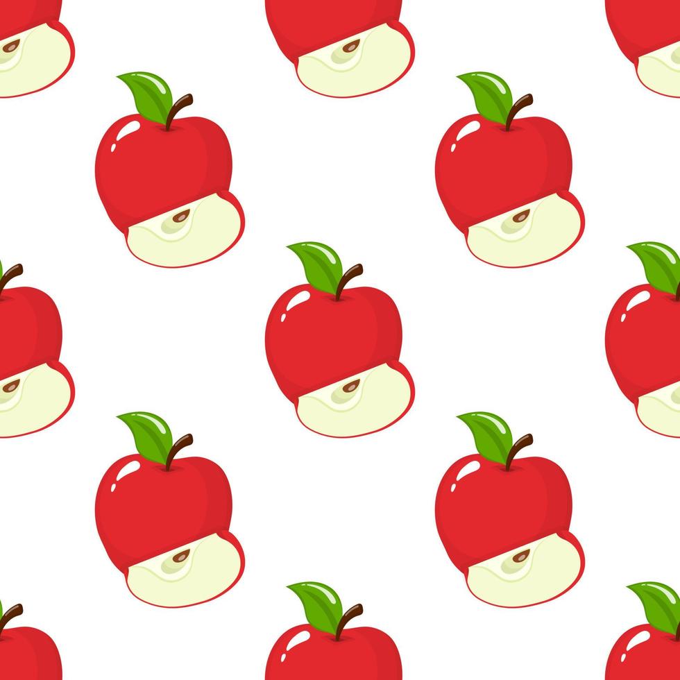 modèle sans couture avec des pommes rouges entières et tranchées sur fond blanc. fruits bio. style bande dessinée. illustration vectorielle pour la conception, le web, le papier d'emballage, le tissu, le papier peint. vecteur