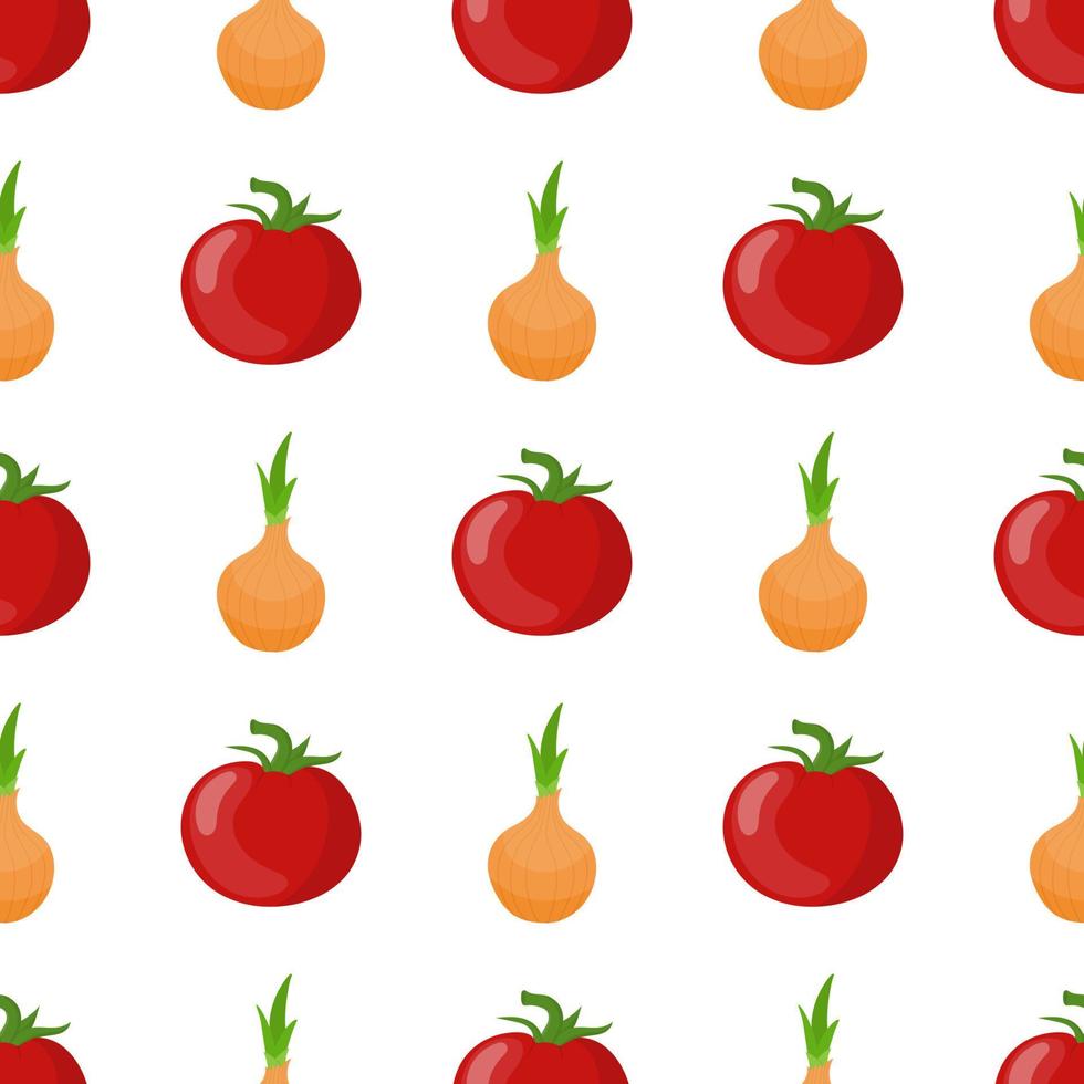 modèle sans couture avec des légumes frais de tomate et d'oignon. alimentation biologique. style bande dessinée. illustration vectorielle pour le design, le web, le papier d'emballage, le tissu, le papier peint. vecteur