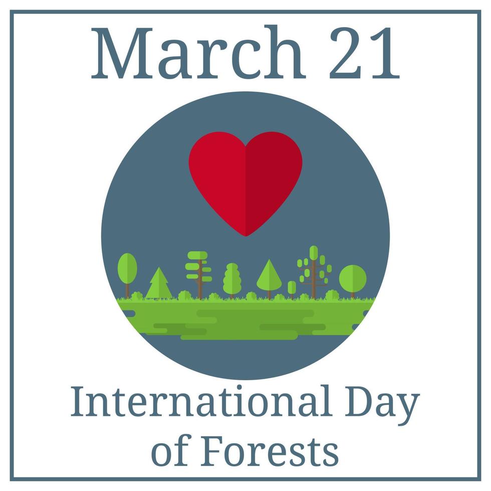 journée internationale des forêts. 21 mars. calendrier des vacances de mars. forêt, parc, allée avec différents arbres. style plat. paysage panoramique. illustration vectorielle isolée sur fond blanc. vecteur