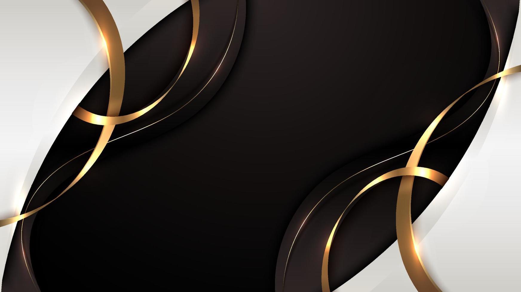 formes abstraites d'onde de couleur blanche et noire de luxe 3d avec décoration de ligne de ruban incurvé doré brillant et éclairage scintillant sur fond sombre vecteur