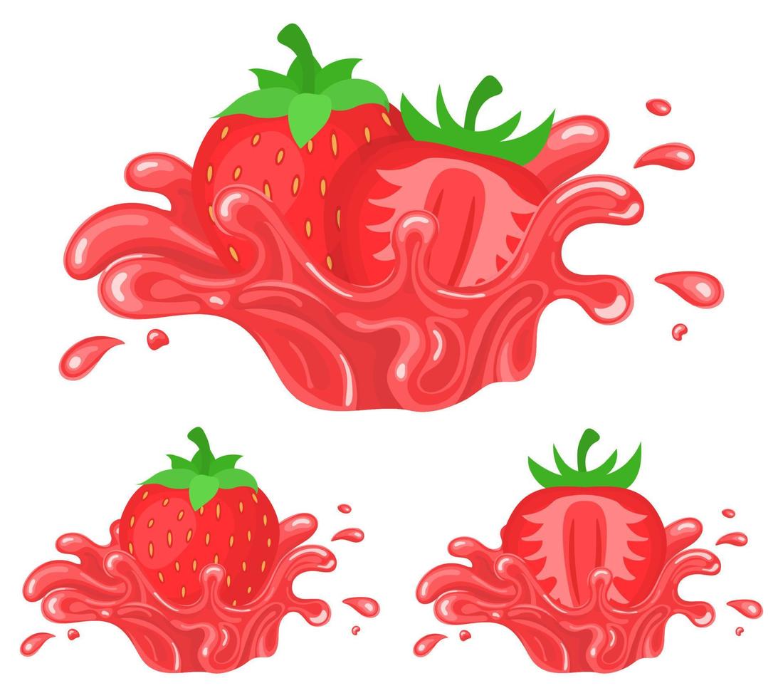 ensemble d'éclaboussures de jus de fraise fraîche et lumineuse isolées sur fond blanc. jus de fruits d'été. style bande dessinée. illustration vectorielle pour toute conception. vecteur