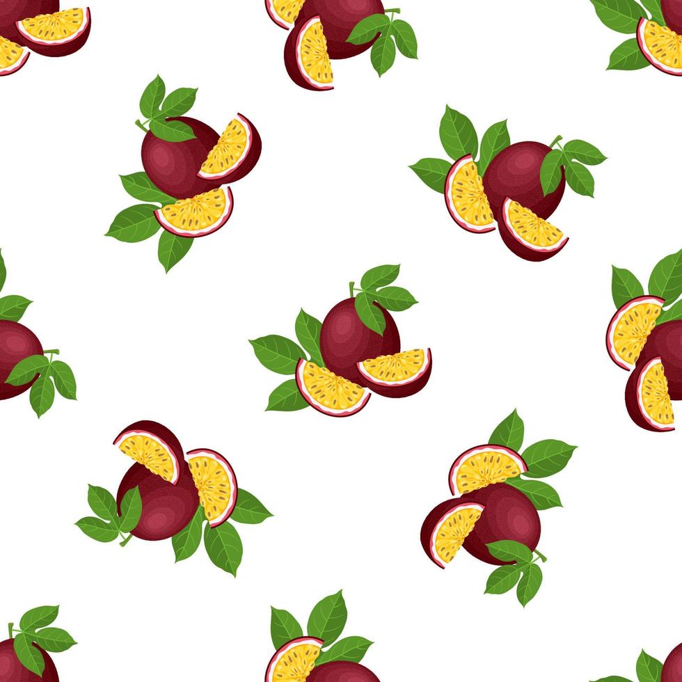 modèle sans couture avec des fruits de la passion frais entiers et coupés exotiques brillants sur fond blanc. fruits d'été pour un mode de vie sain. fruits bio. style bande dessinée. illustration vectorielle pour toute conception. vecteur