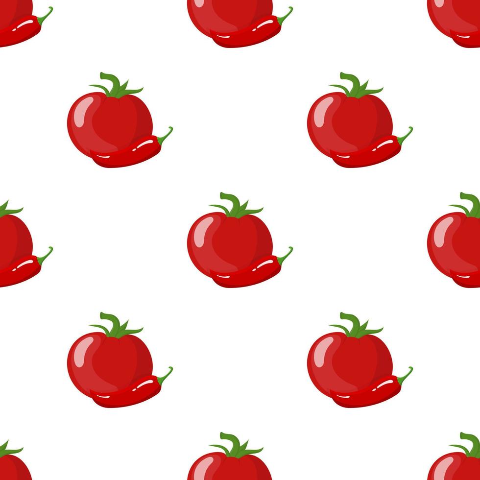 modèle sans couture avec tomate rouge fraîche et piment isolé sur fond blanc. alimentation biologique. style bande dessinée. illustration vectorielle pour le design, le web, le papier d'emballage, le tissu vecteur